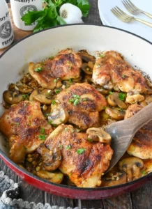 Delicious plate of Garlic Mushroom Chicken garnished with herbs