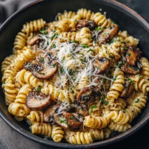 Creamy garlic mushroom parmesan pasta dish with fresh herbs in a one-pot preparation