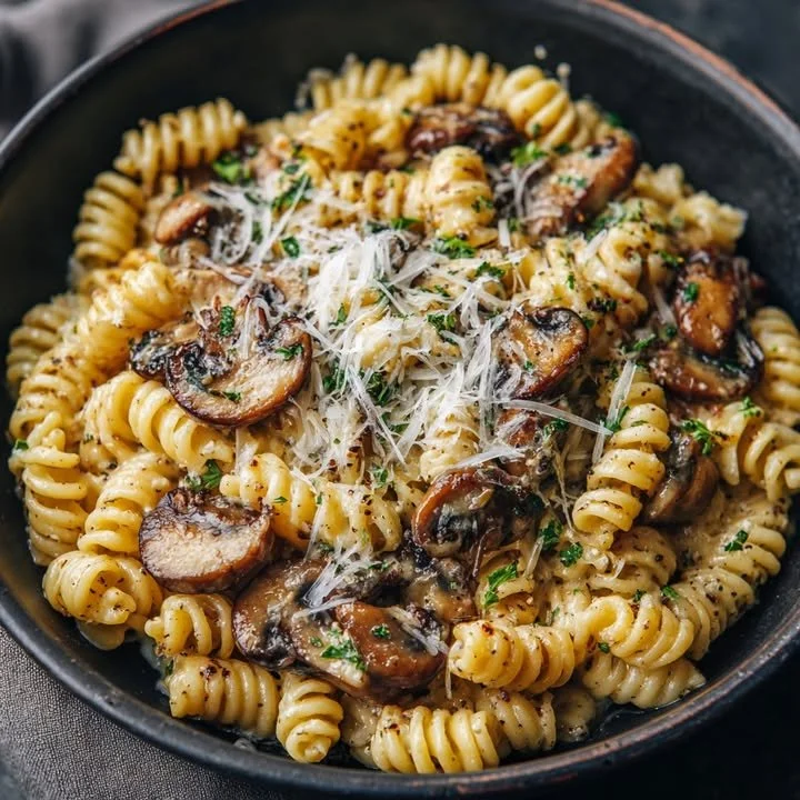 Creamy garlic mushroom parmesan pasta dish with fresh herbs in a one-pot preparation