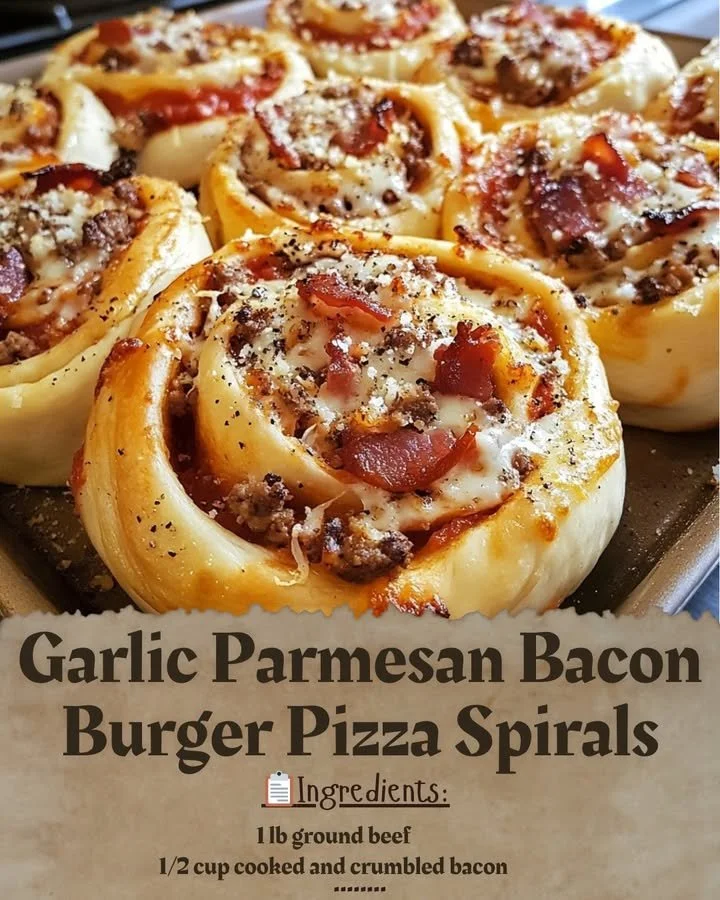 Garlic parmesan bacon burger pizza spirals topped with cheese and herbs