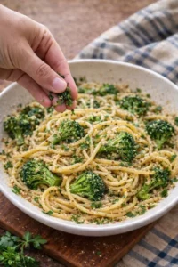Garlic Parmesan Broccoli Spaghetti garnished with parsley in a bowl