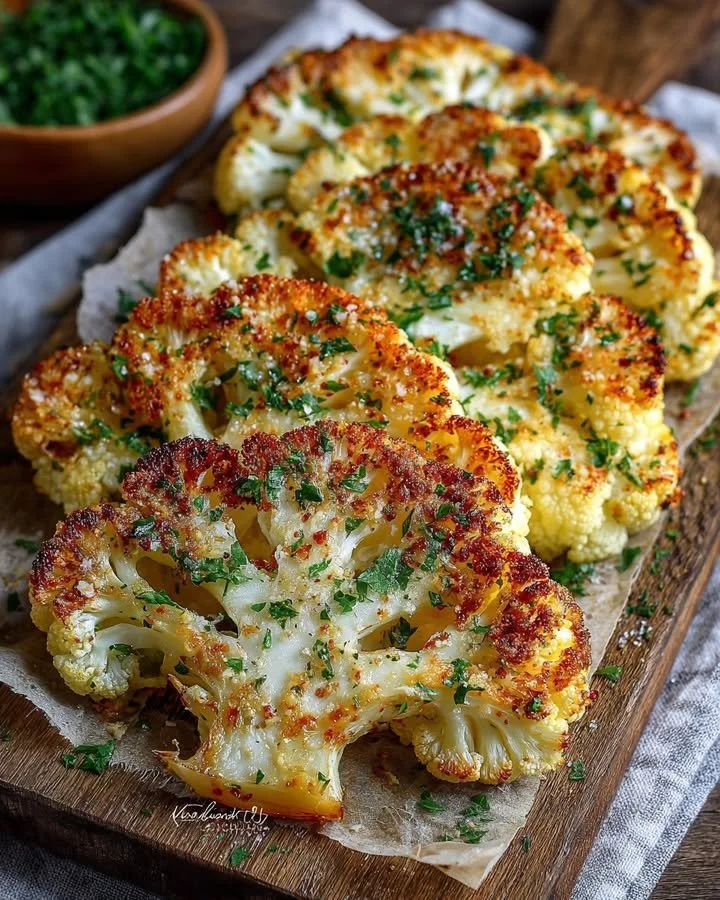 Garlic Parmesan Cauliflower Steaks with herbs and parmesan cheese