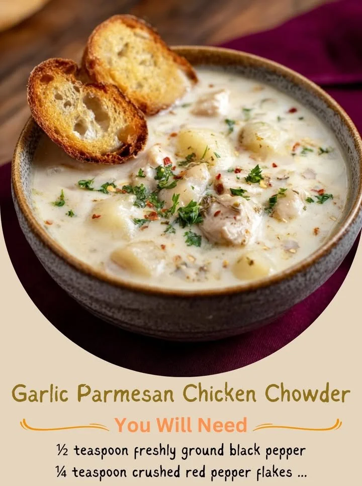 Delicious Garlic Parmesan Chicken Chowder served in a bowl