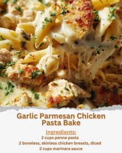 Garlic Parmesan Chicken Pasta Bake served in a creamy sauce with cheese