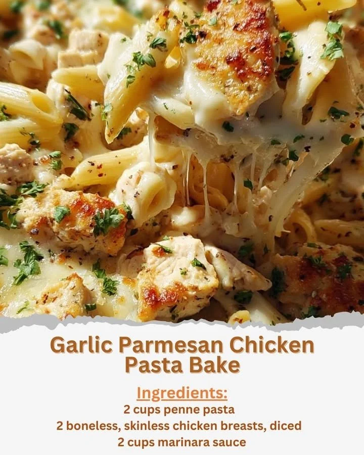 Garlic Parmesan Chicken Pasta Bake served in a creamy sauce with cheese