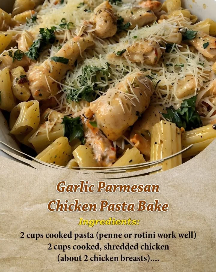 Delicious Garlic Parmesan Chicken Pasta Bake topped with cheese and herbs