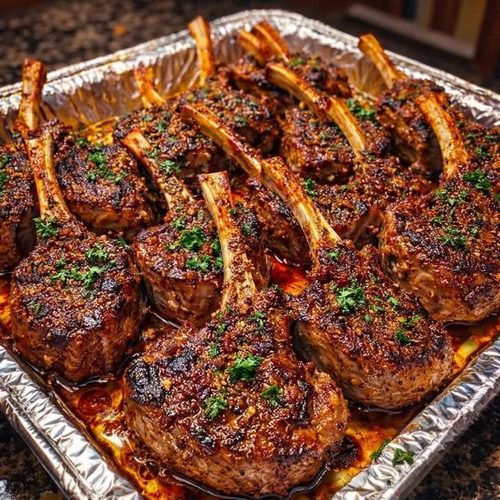 Garlic Parmesan Fried Lamb Chops served on a plate, garnished with herbs.