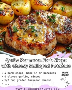Garlic Parmesan Pork Chops served with cheesy scalloped potatoes on a plate.