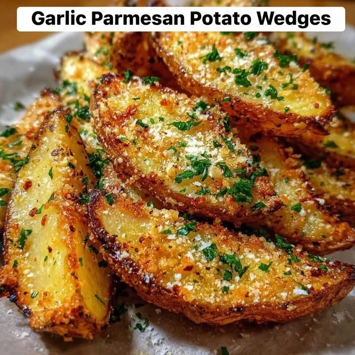Crispy Garlic Parmesan Potato Wedges served on a plate, garnished with parsley.