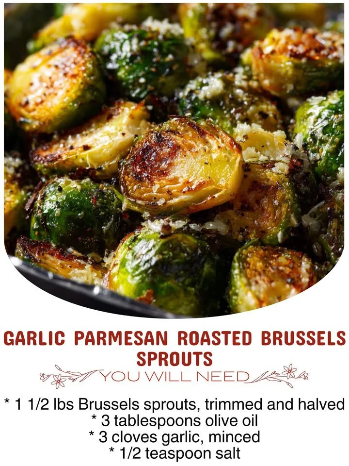 A plate of Garlic Parmesan Roasted Brussels Sprouts garnished with cheese and herbs.