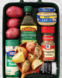 Crispy Garlic Parmesan Roasted Potatoes served on a white plate