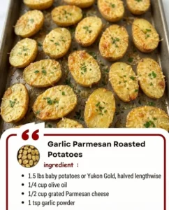 Delicious Garlic Parmesan Roasted Potatoes served with herbs