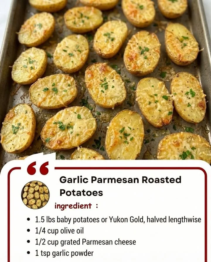 Delicious Garlic Parmesan Roasted Potatoes served with herbs