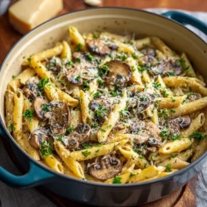 Delicious garlic-rich one-pot Parmesan mushroom pasta dish garnished with herbs