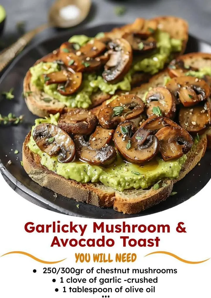 Delicious garlicky mushroom avocado toast topped with fresh herbs