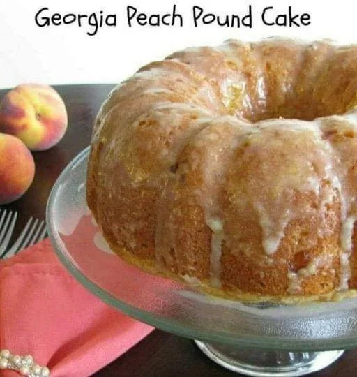 Delicious slice of Georgia Peach Pound Cake topped with fresh peaches