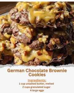 Delicious German chocolate brownie cookies with chocolate frosting and pecans