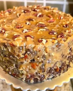 Delicious homemade German Chocolate Cake with coconut and pecan frosting
