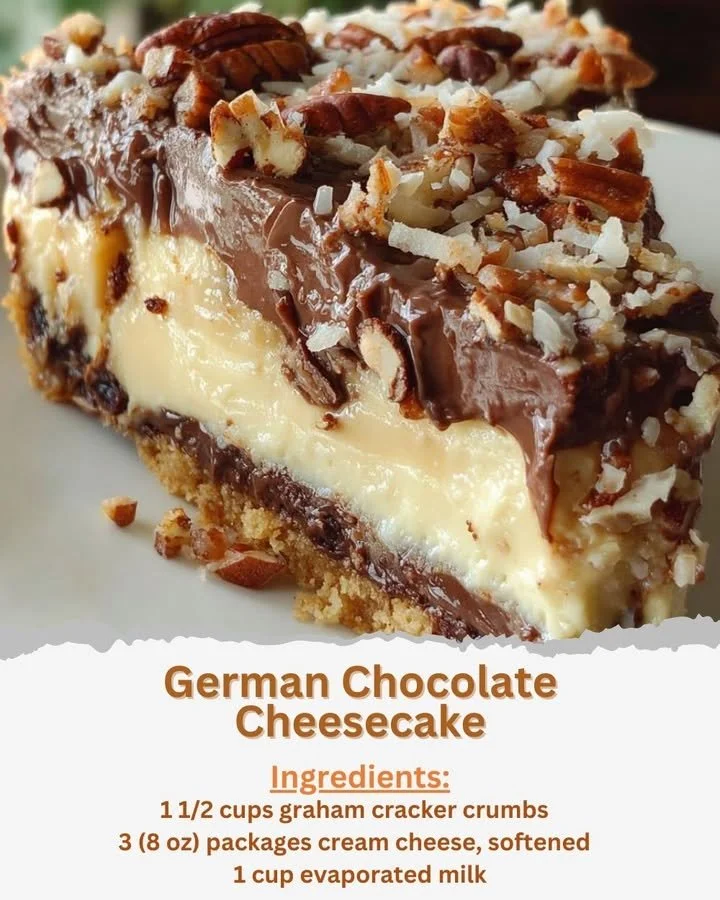 Delicious German Chocolate Cheesecake topped with coconut and pecan frosting.