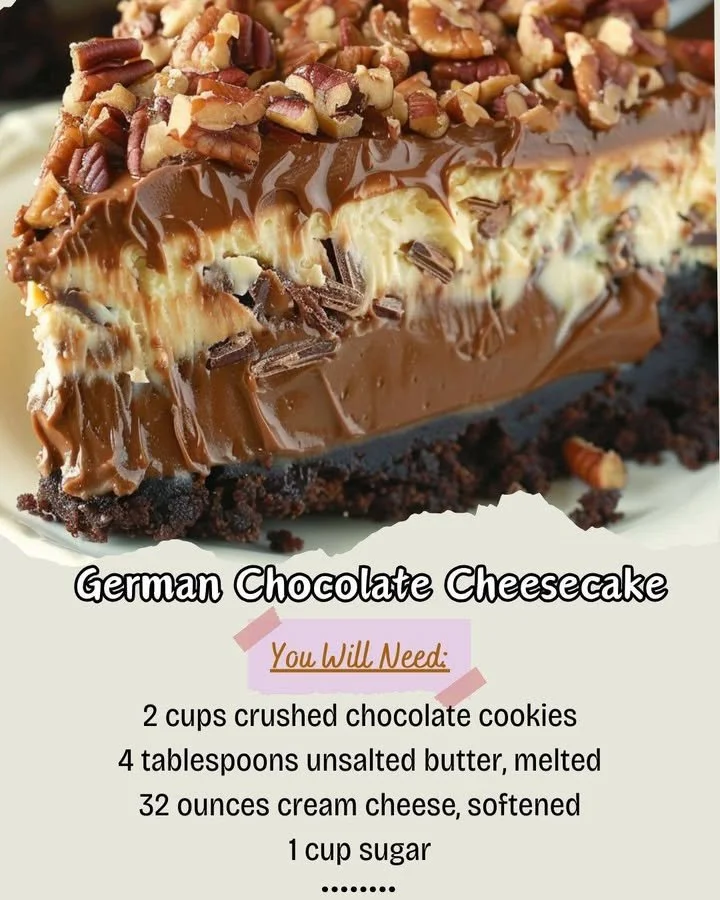 Delicious German Chocolate Cheesecake topped with coconut and pecans