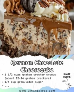 Slice of German Chocolate Cheesecake topped with coconut and pecans