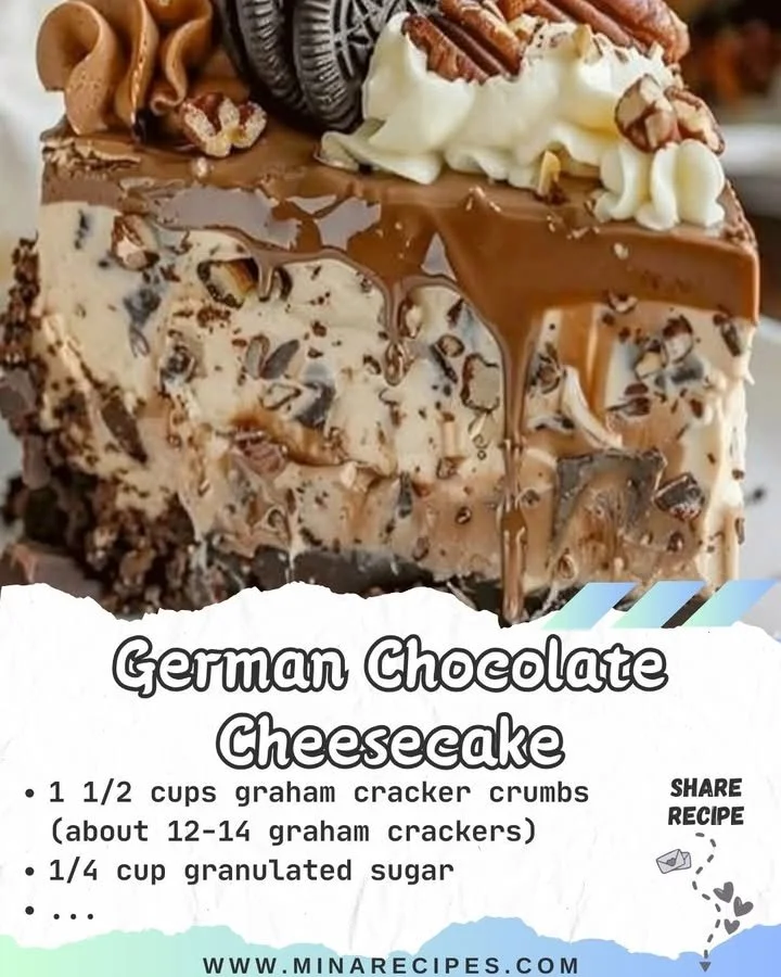 Slice of German Chocolate Cheesecake topped with coconut and pecans