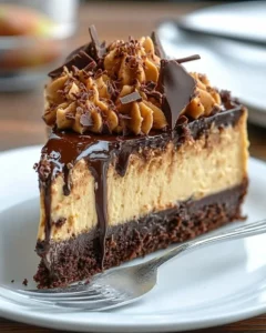Slice of German Chocolate Cheesecake with chocolate and coconut topping