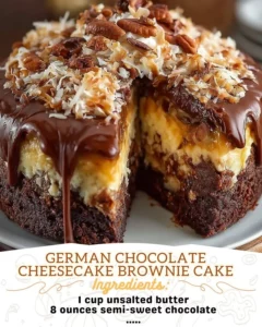 Slice of German Chocolate Cheesecake Brownie Cake with chocolate drizzle.