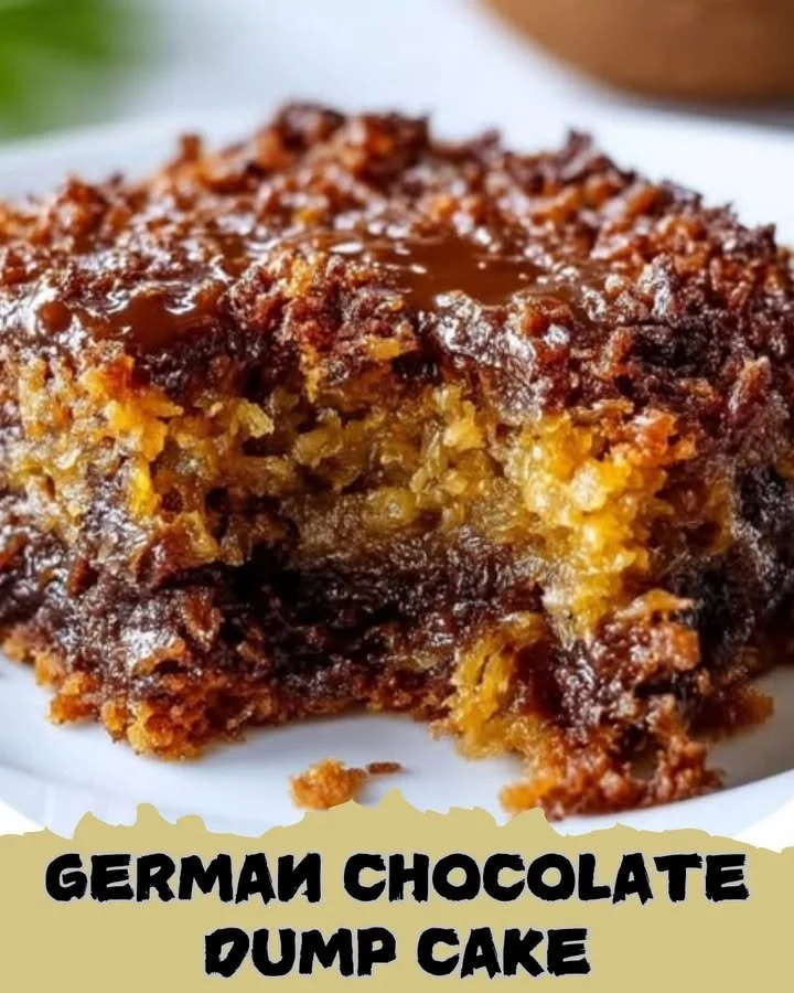 Delicious German Chocolate Dump Cake topped with chocolate and coconut frosting