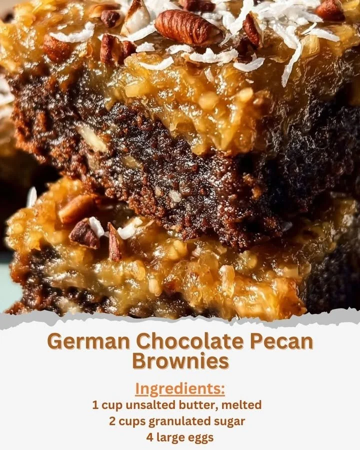 German chocolate pecan brownies topped with coconut and pecans.