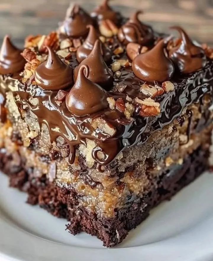 Delicious German Chocolate Poke Cake with chocolate and coconut frosting