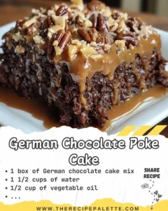 Delicious German Chocolate Poke Cake topped with chocolate and coconut frosting.