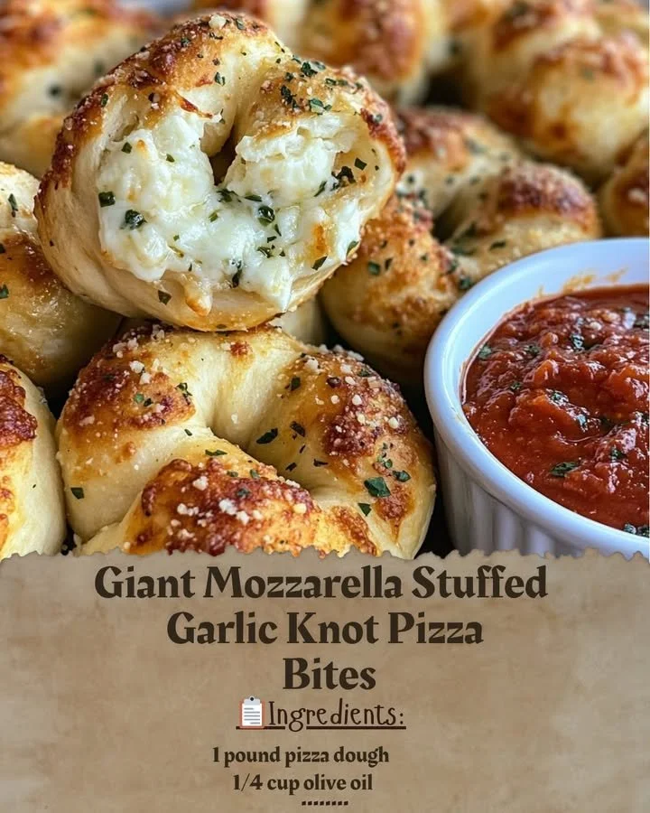 Giant mozzarella stuffed garlic knot pizza bites on a rustic table