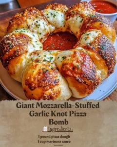 Giant Mozzarella-Stuffed Garlic Knot Pizza Bomb with gooey cheese and garlic knots