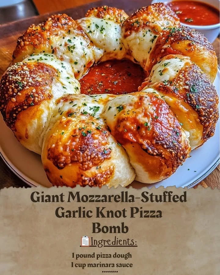 Giant Mozzarella-Stuffed Garlic Knot Pizza Bomb with gooey cheese and garlic knots