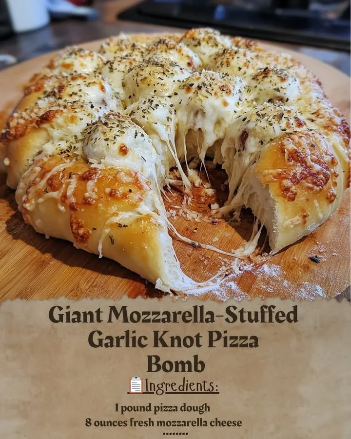 Giant Mozzarella-Stuffed Garlic Knot Pizza Bomb with gooey cheese and garlic knots