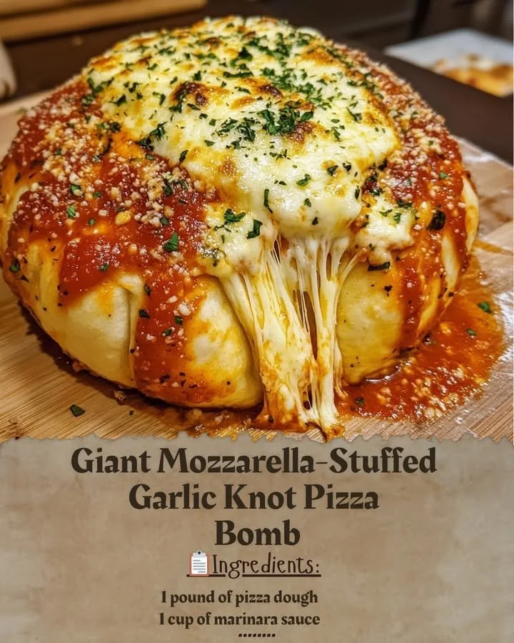 Giant Mozzarella-Stuffed Garlic Knot Pizza Bomb showcasing gooey cheese and garlic knots