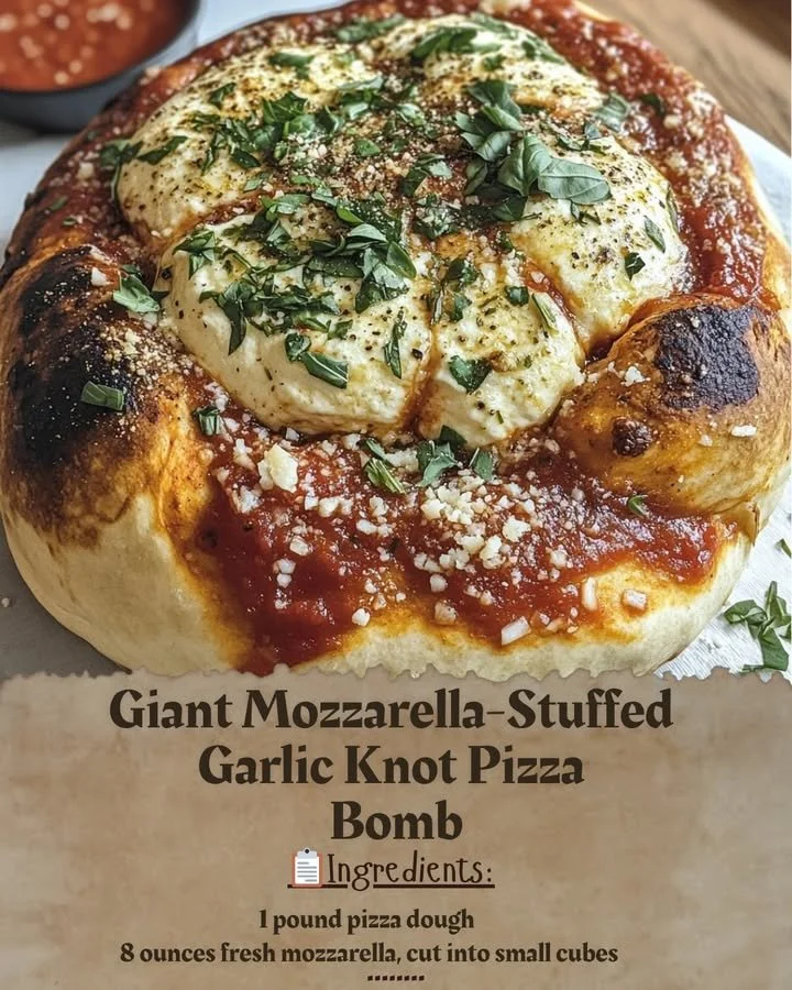 Giant Mozzarella-Stuffed Garlic Knot Pizza Bomb ready to serve.