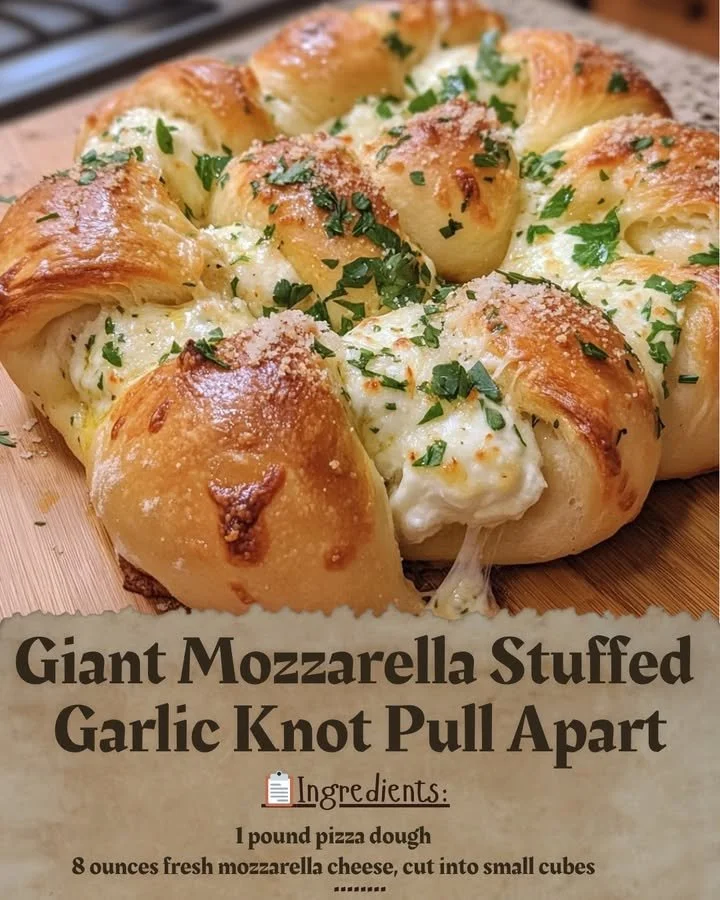 Giant mozzarella stuffed garlic knot pull apart with melted cheese