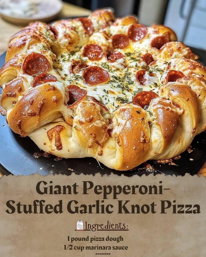 Giant Pepperoni-Stuffed Garlic Knot Pizza fresh out of the oven
