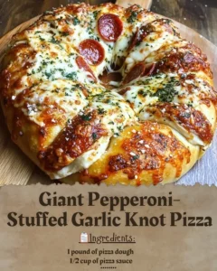 Giant Pepperoni-Stuffed Garlic Knot Pizza with cheese and pepperoni toppings