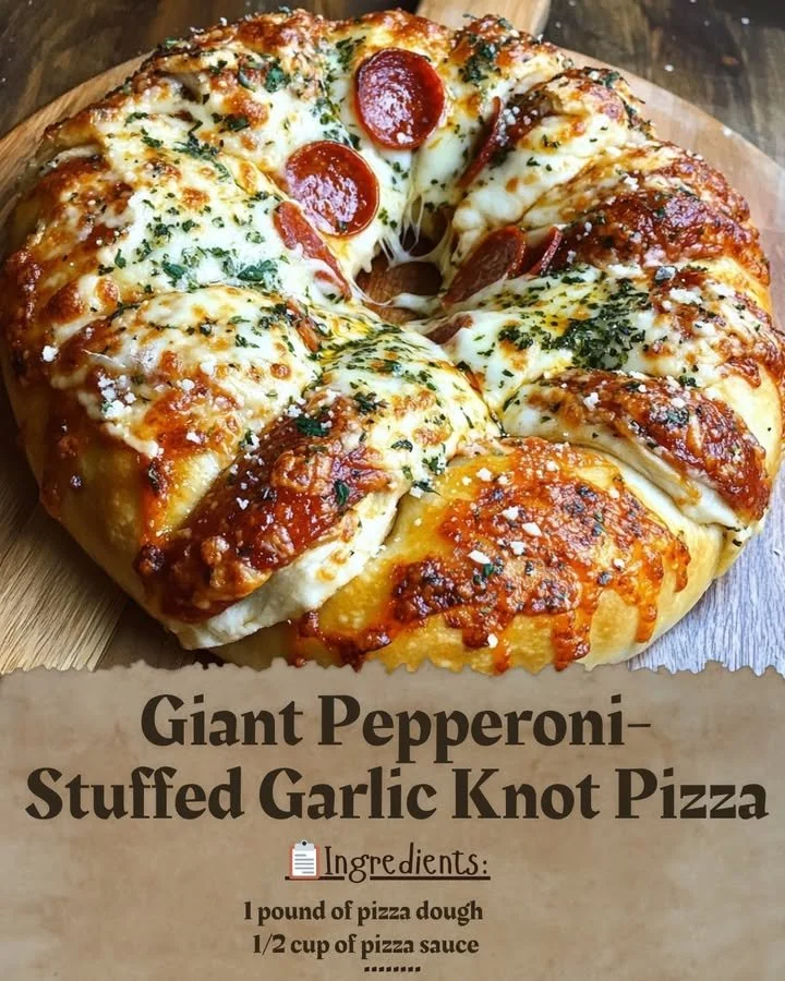 Giant Pepperoni-Stuffed Garlic Knot Pizza with cheese and pepperoni toppings
