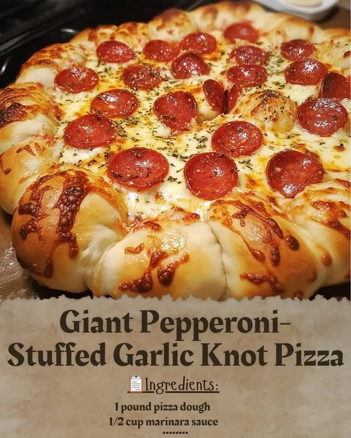 Giant Pepperoni-Stuffed Garlic Knot Pizza with melty cheese and garlic knots
