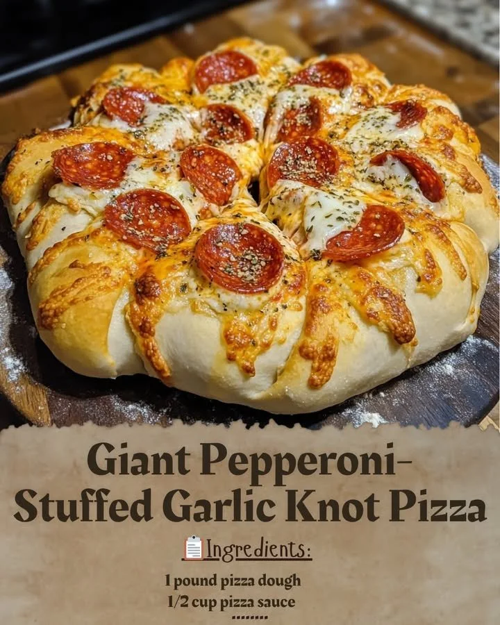 Giant Pepperoni-Stuffed Garlic Knot Pizza with gooey cheese and pepperoni filling