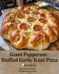 Giant Pepperoni-Stuffed Garlic Knot Pizza with gooey cheese and pepperoni slices