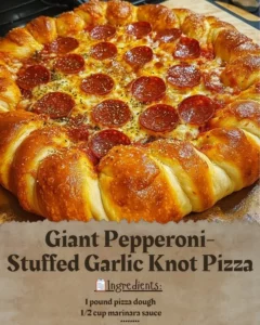 Giant Pepperoni-Stuffed Garlic Knot Pizza with melted cheese and fresh ingredients