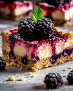 Delicious Gin-soaked Blackberry and Apple Cheesecake Crumble Slice served on a plate.