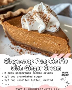 Gingersnap pumpkin pie with ginger cream topping served on a festive table.