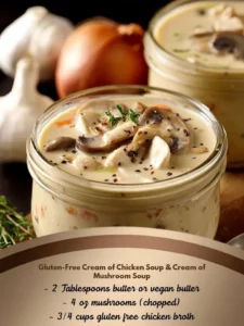 Delicious gluten-free cream of chicken and mushroom soups in bowls
