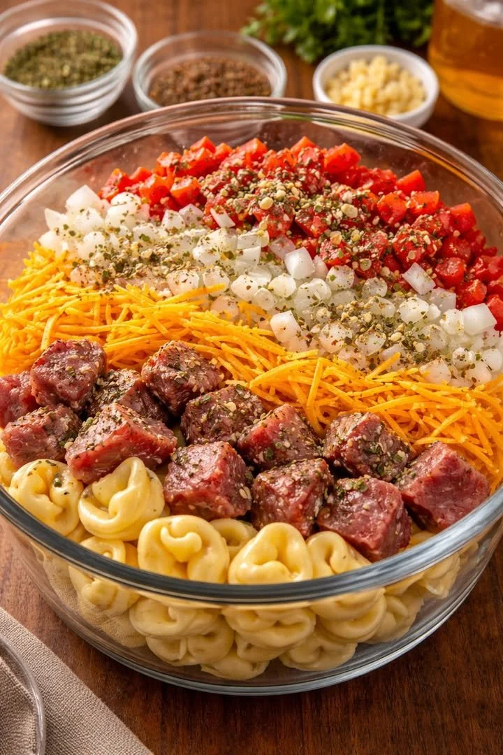 Golden Cheese Steak Tortellini Casserole topped with melted cheese and herbs